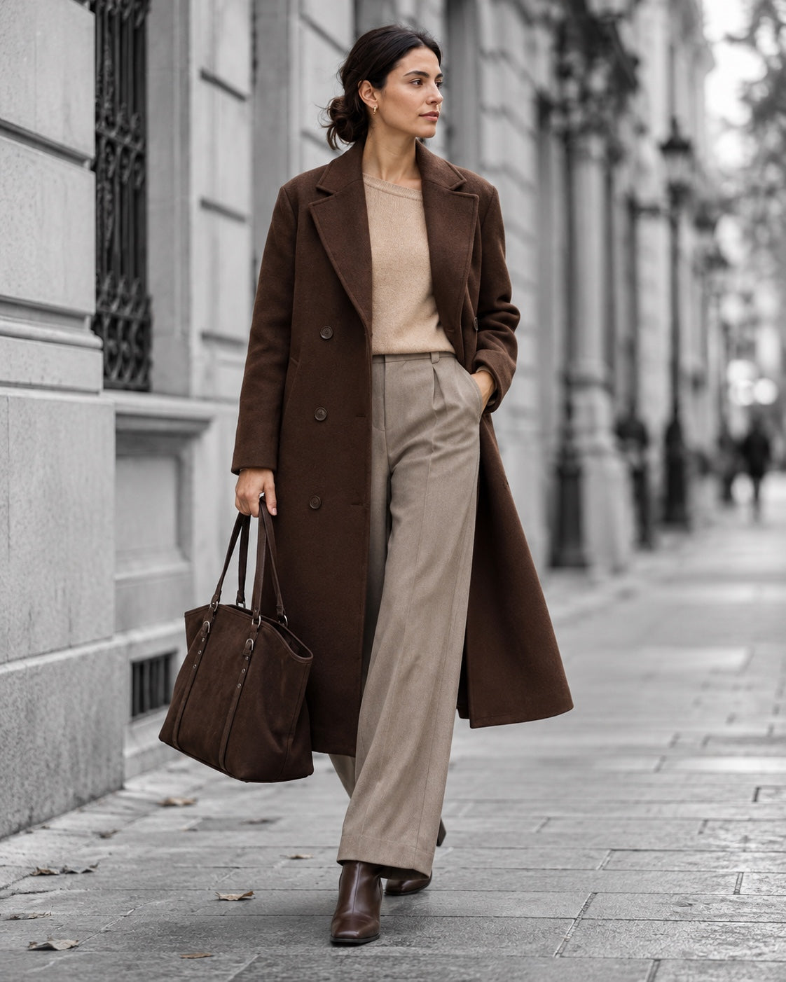 Mujer con abrigo largo marrón, jersey beige y bolso de ante marrón en una calle europea