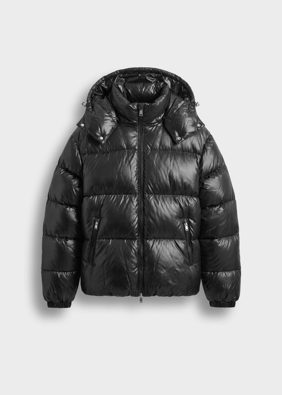 Chaqueta Acolchada Capucha Desmontable Iker en negro brillante, vista delantera