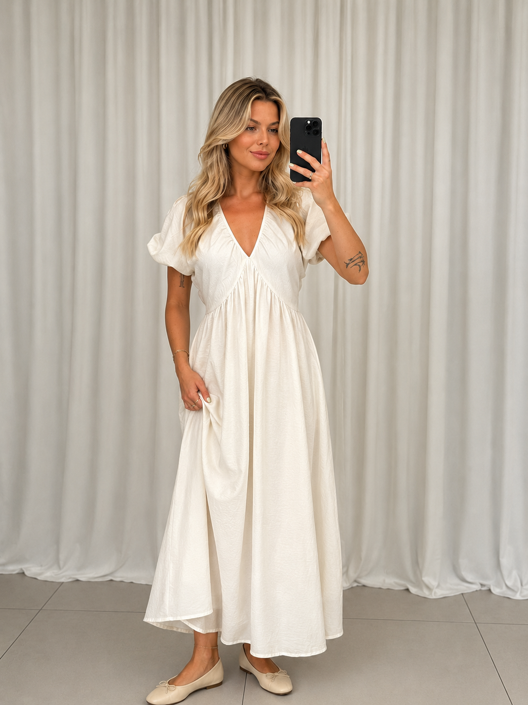 Vestido Largo con Escote en V y Mangas Abullonadas Jimena