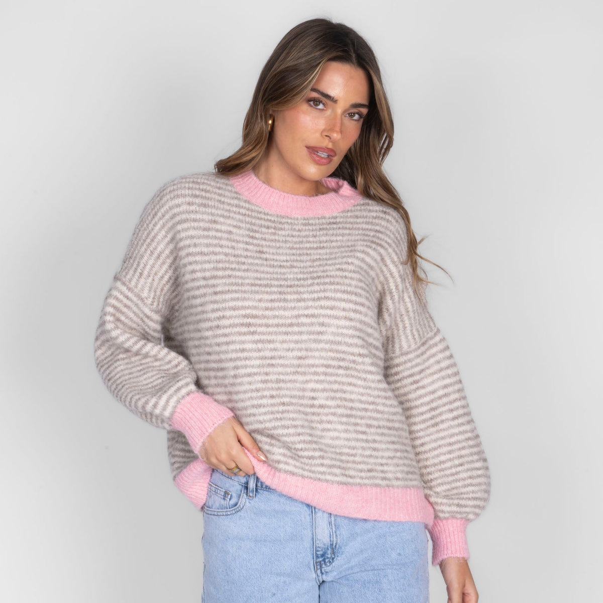 Jersey de Rayas Finas con Contrastes Rosa Elsa