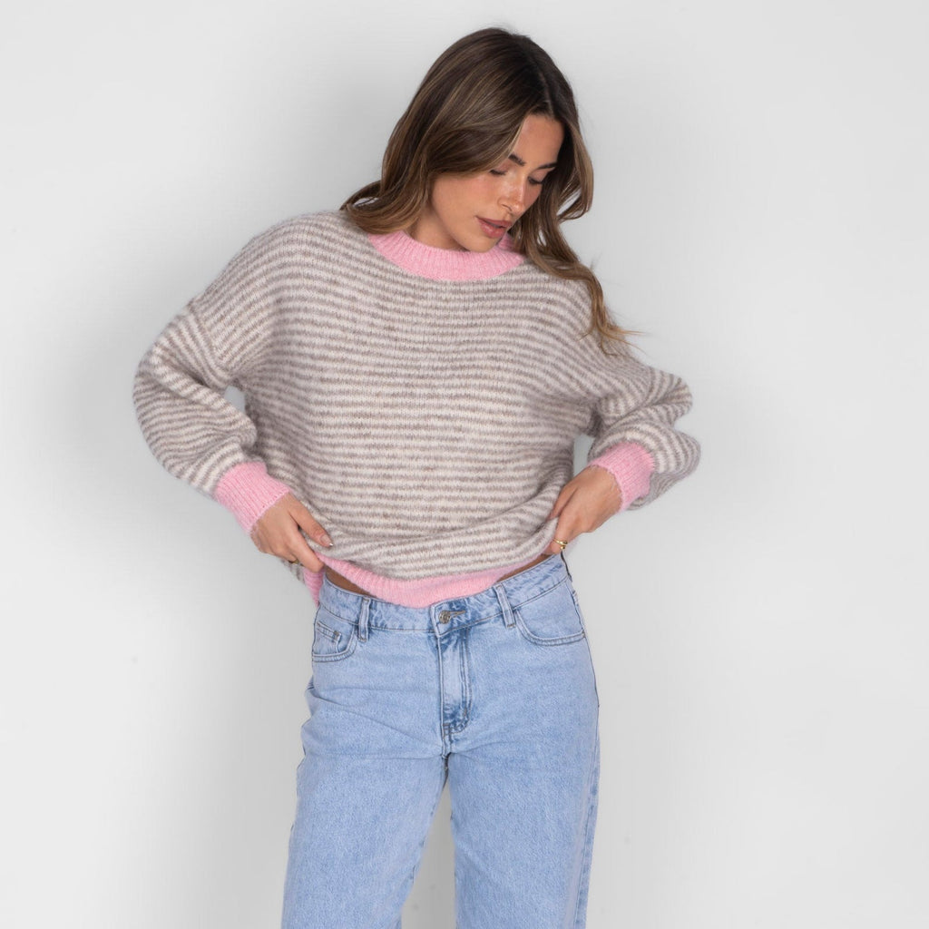 Jersey de Rayas Finas con Contrastes Rosa Elsa