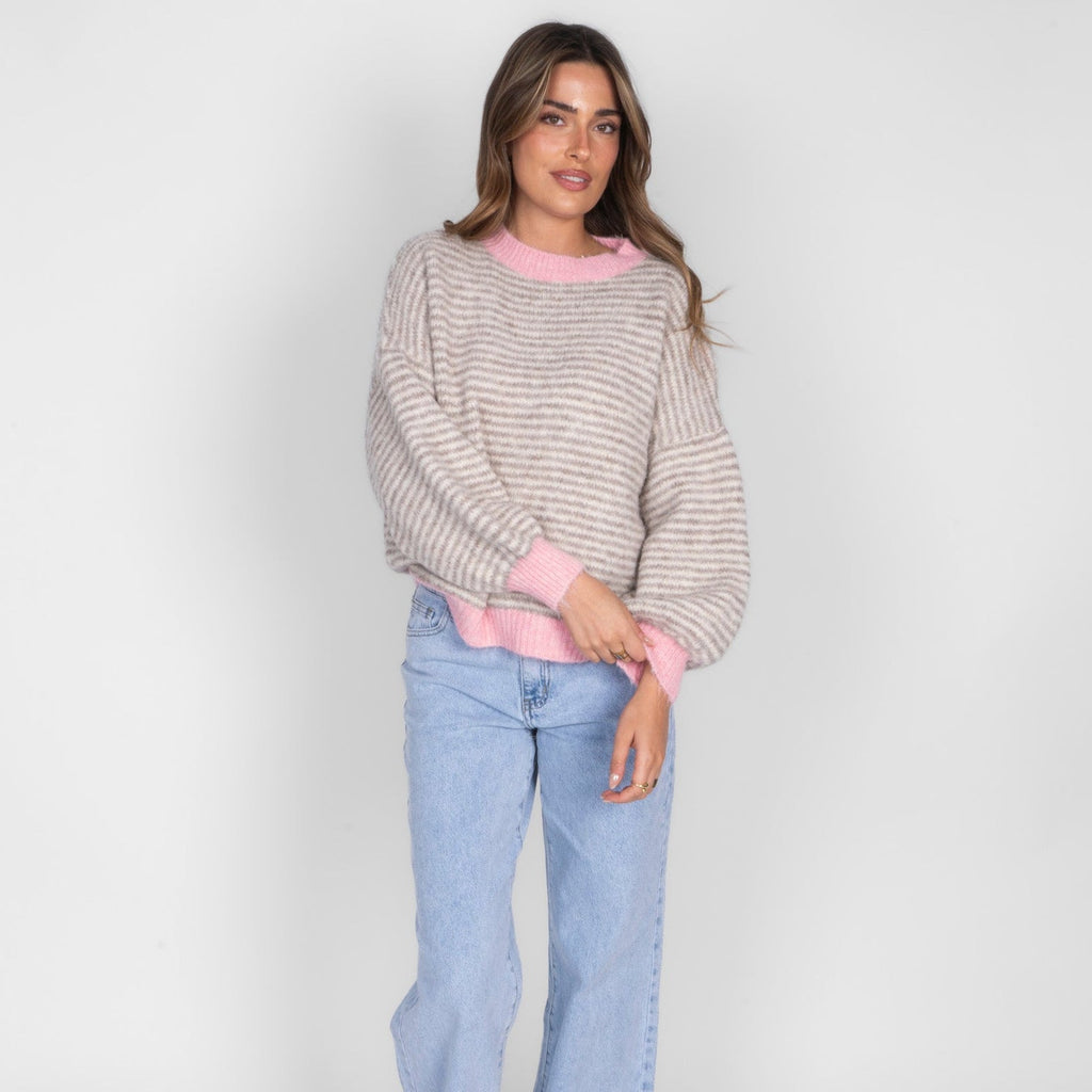 Jersey de Rayas Finas con Contrastes Rosa Elsa
