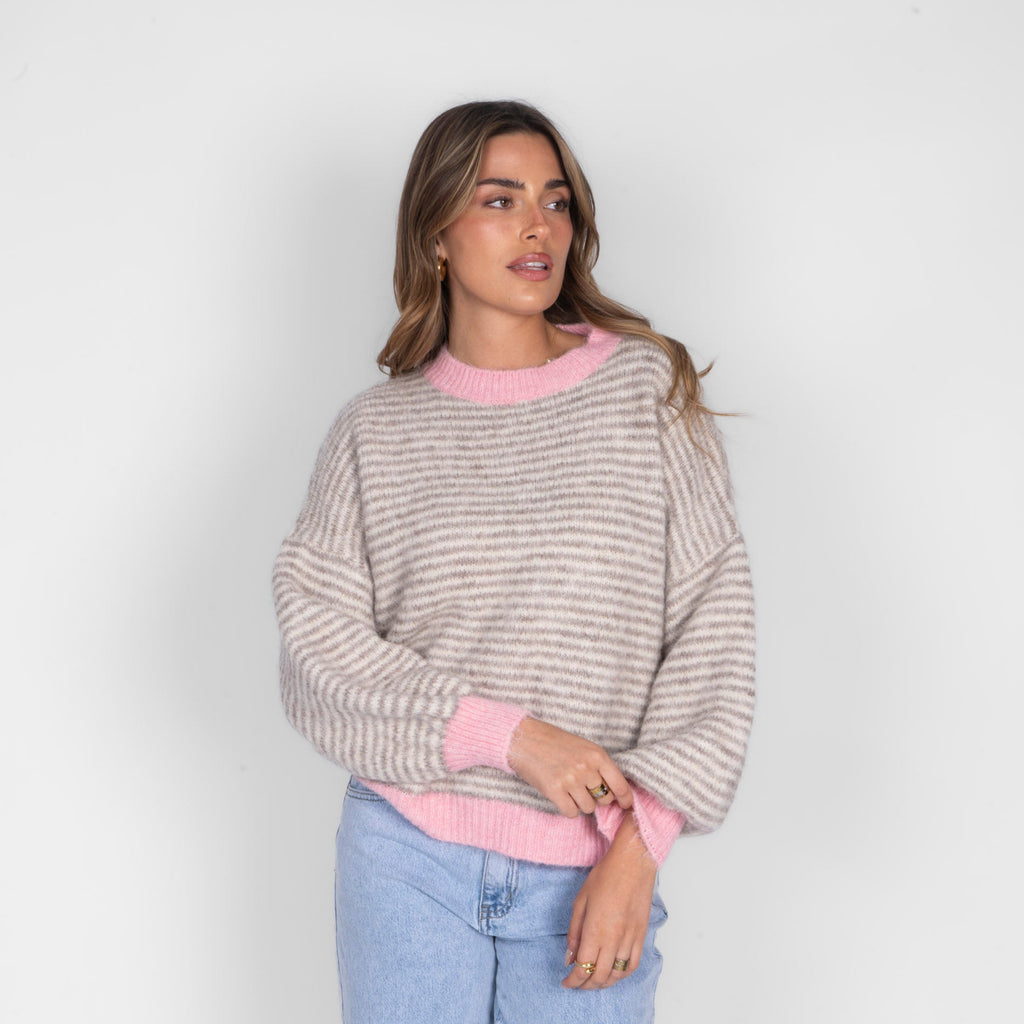 Jersey de Rayas Finas con Contrastes Rosa Elsa
