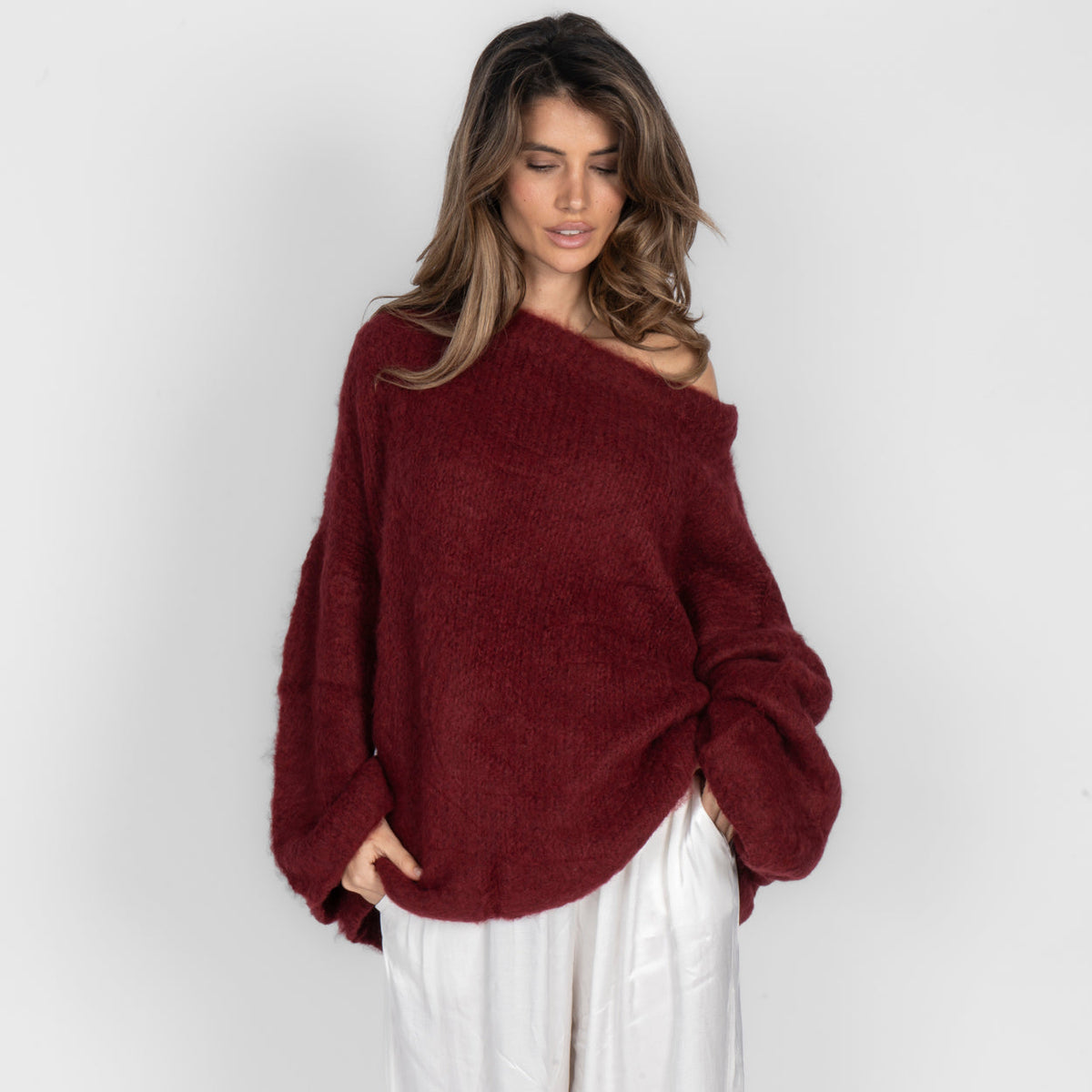 Jersey Hombros Descubiertos Mangas Oversize Violeta