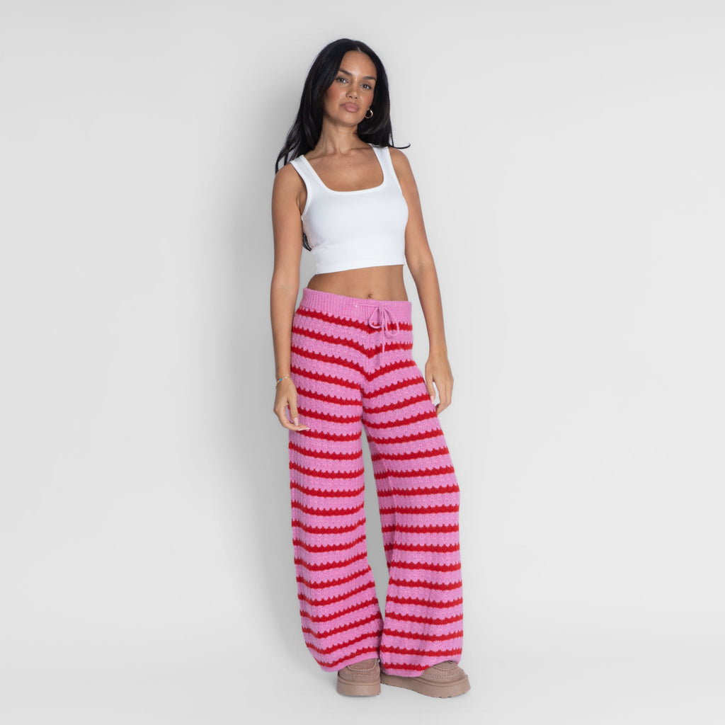 Pantalón Ancho de Punto a Rayas Rosa Lorea