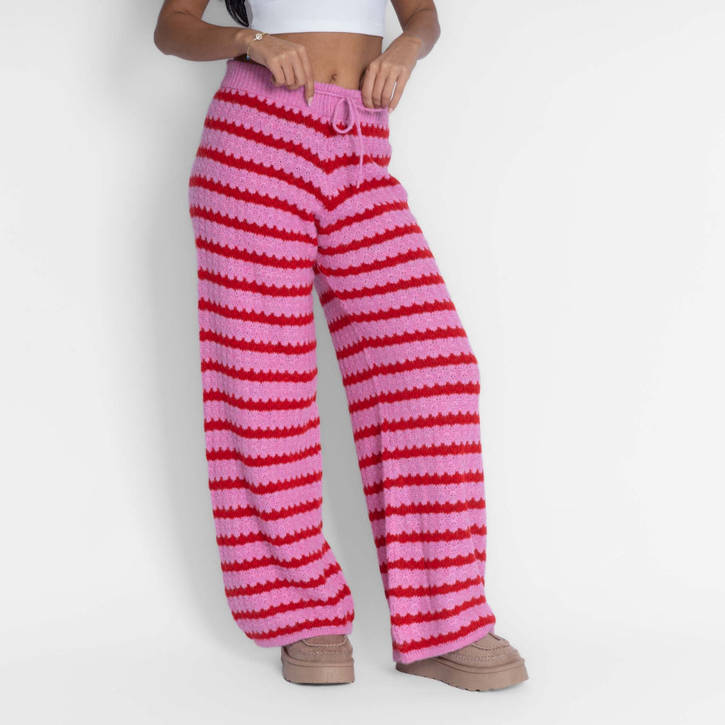 Pantalón Ancho de Punto a Rayas Rosa Lorea