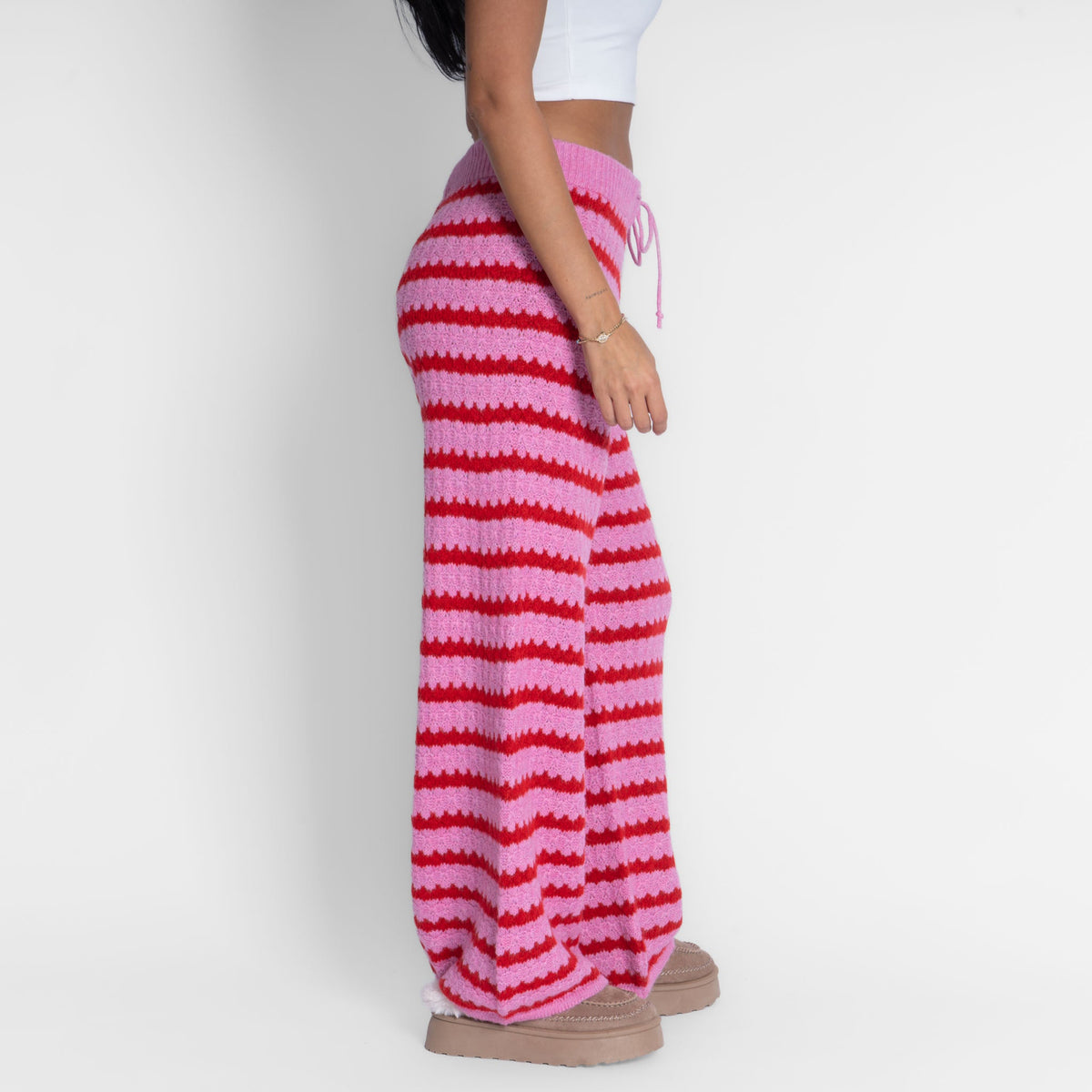 Pantalón Ancho de Punto a Rayas Rosa Lorea