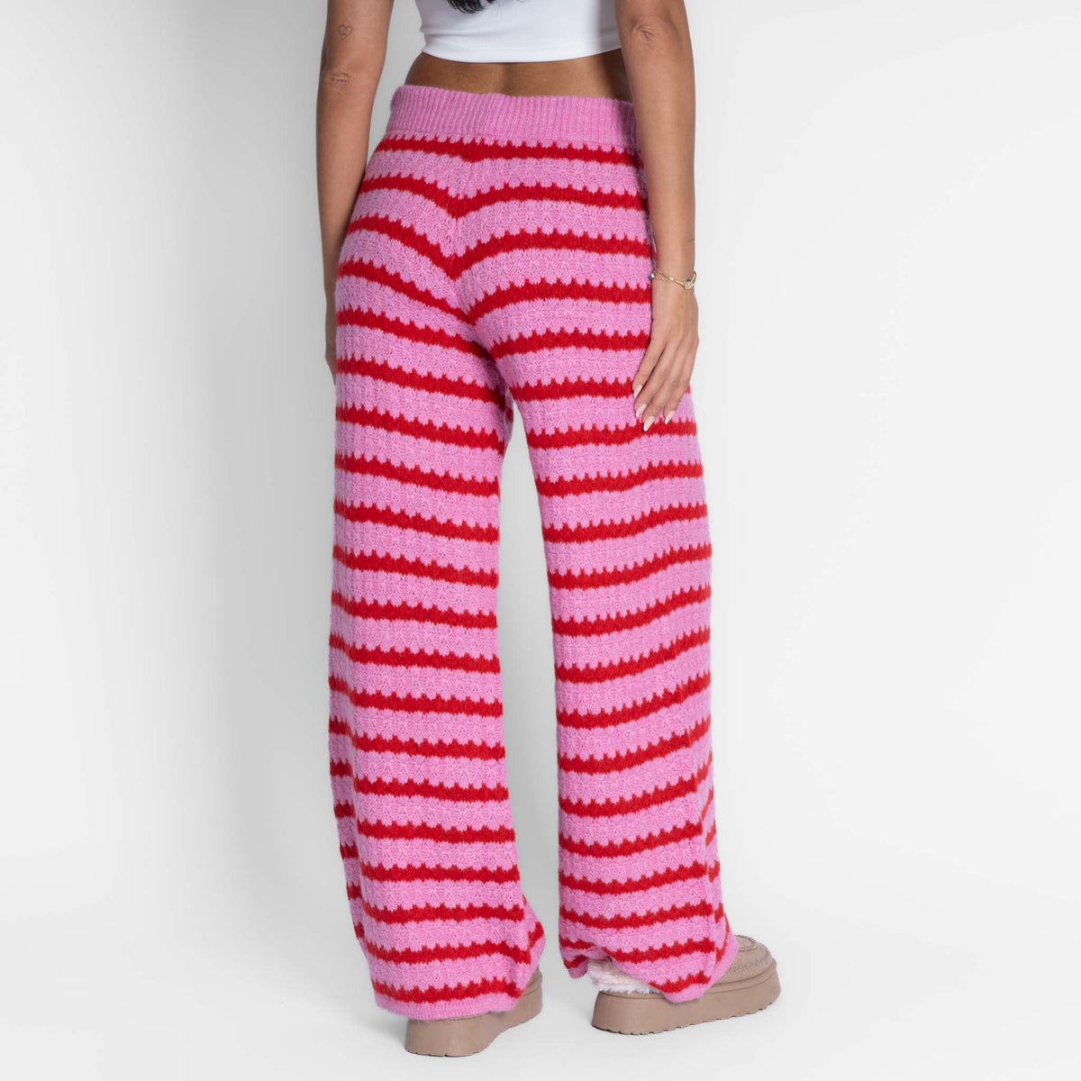 Pantalón Ancho de Punto a Rayas Rosa Lorea