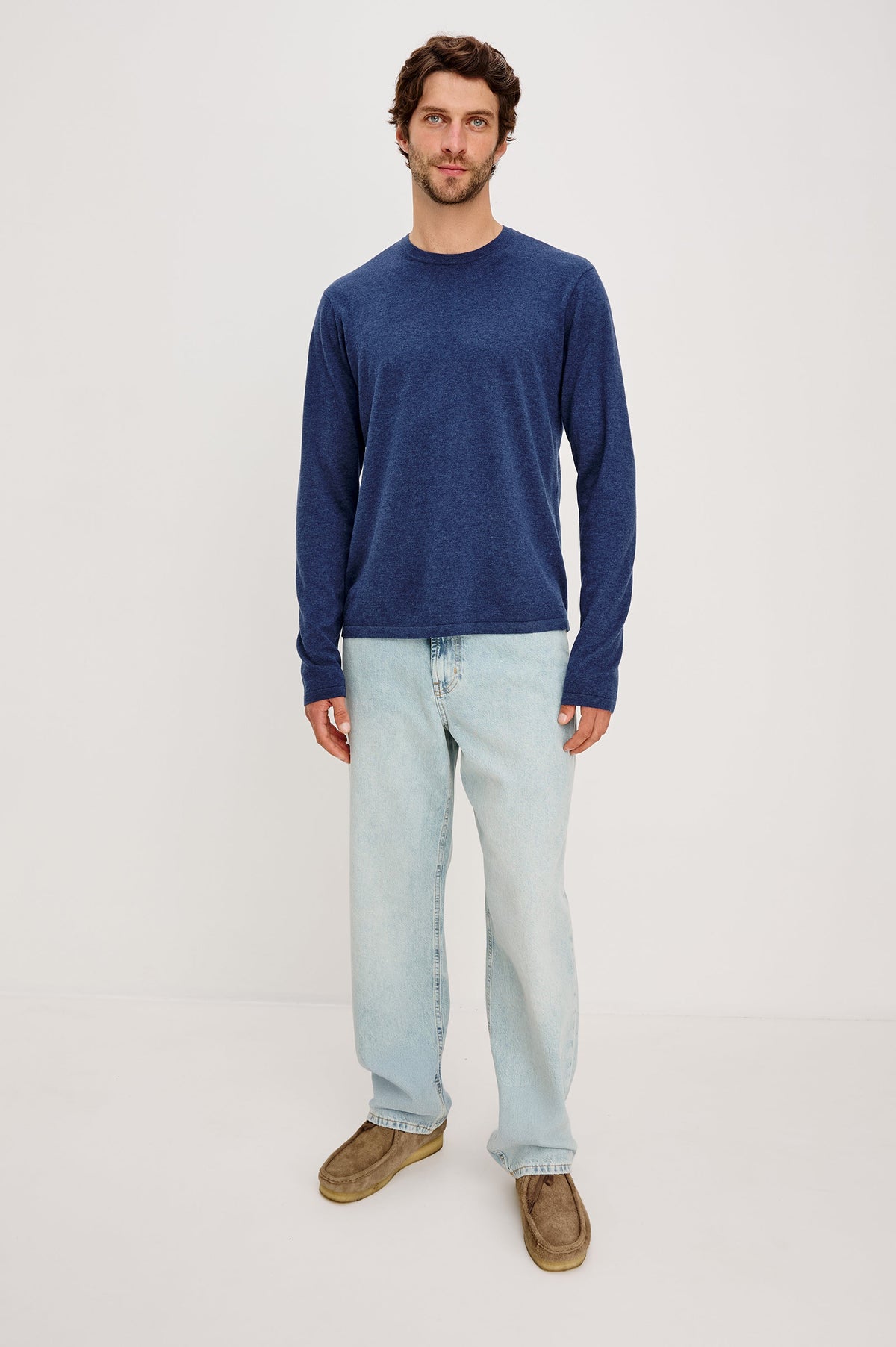 QUENTIN COTTON CASHMERE LONG SLEEVE TEE - HEATHER BLUE
