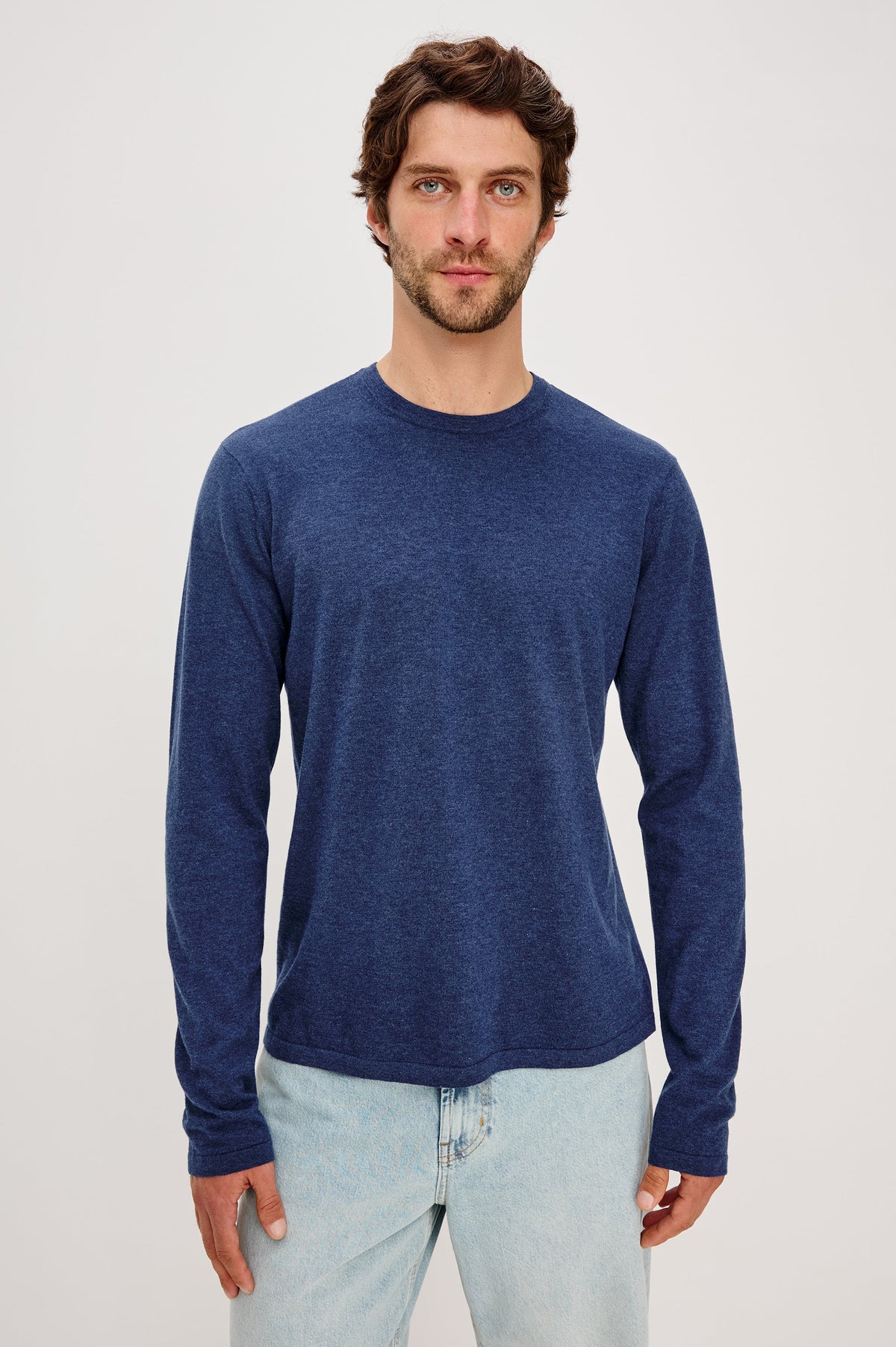 QUENTIN COTTON CASHMERE LONG SLEEVE TEE - HEATHER BLUE