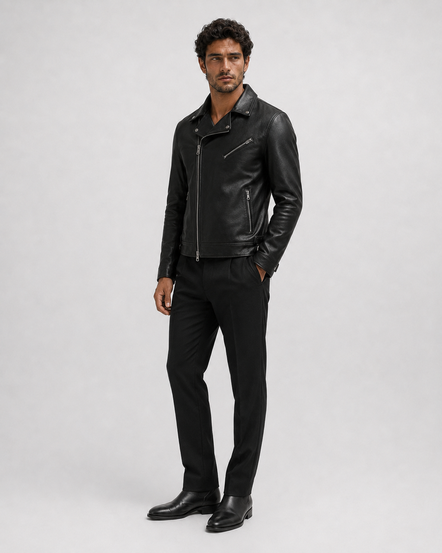 Cazadora Biker de Piel VRS STYLE con Modelo 5, vista a 45 grados