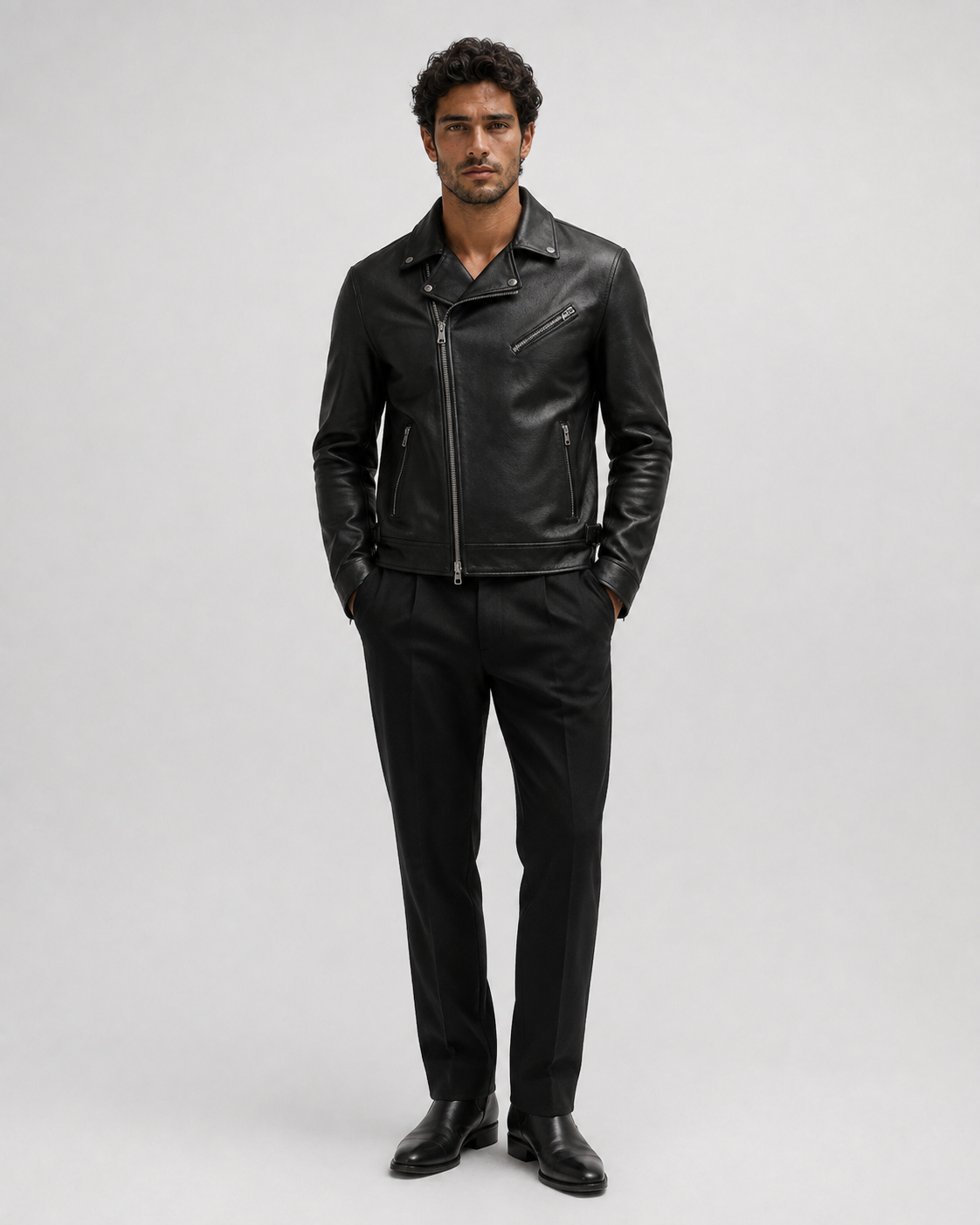 Cazadora biker negra de piel para hombre VRS STYLE