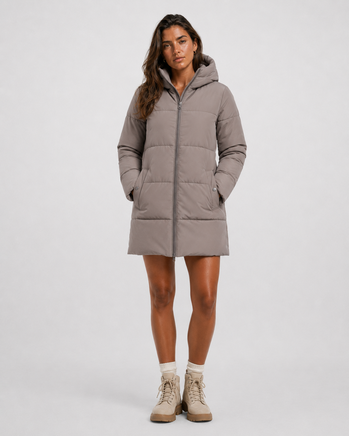 Parka acolchada taupe con capucha para mujer VRS STYLE