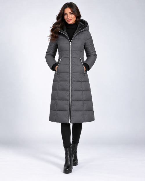 Abrigo Verona Long Puffer gris con modelo, frontal