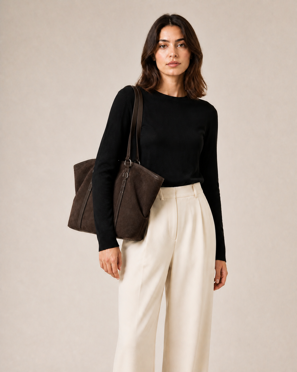 Bolso Tote Efecto Ante con Correas VRS STYLE — modelo frontal