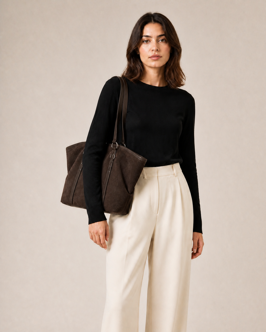 Bolso Tote Efecto Ante con Correas VRS STYLE — modelo frontal