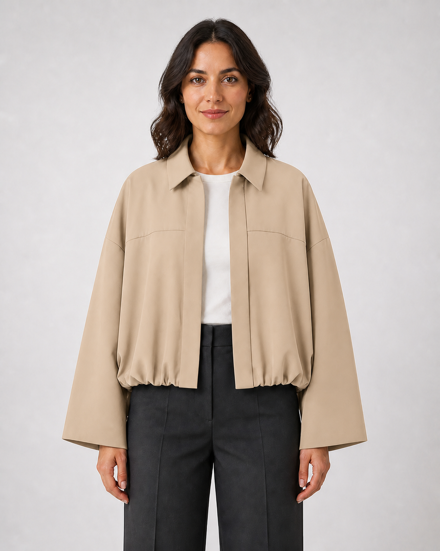 Chaqueta Bomber de Corte Amplio · beige · modelo frontal