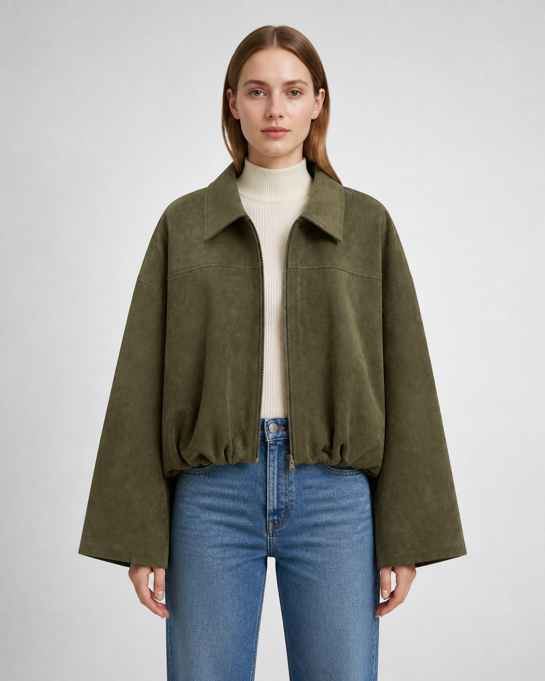 Chaqueta Bomber Efecto Ante · verde oliva · modelo frontal