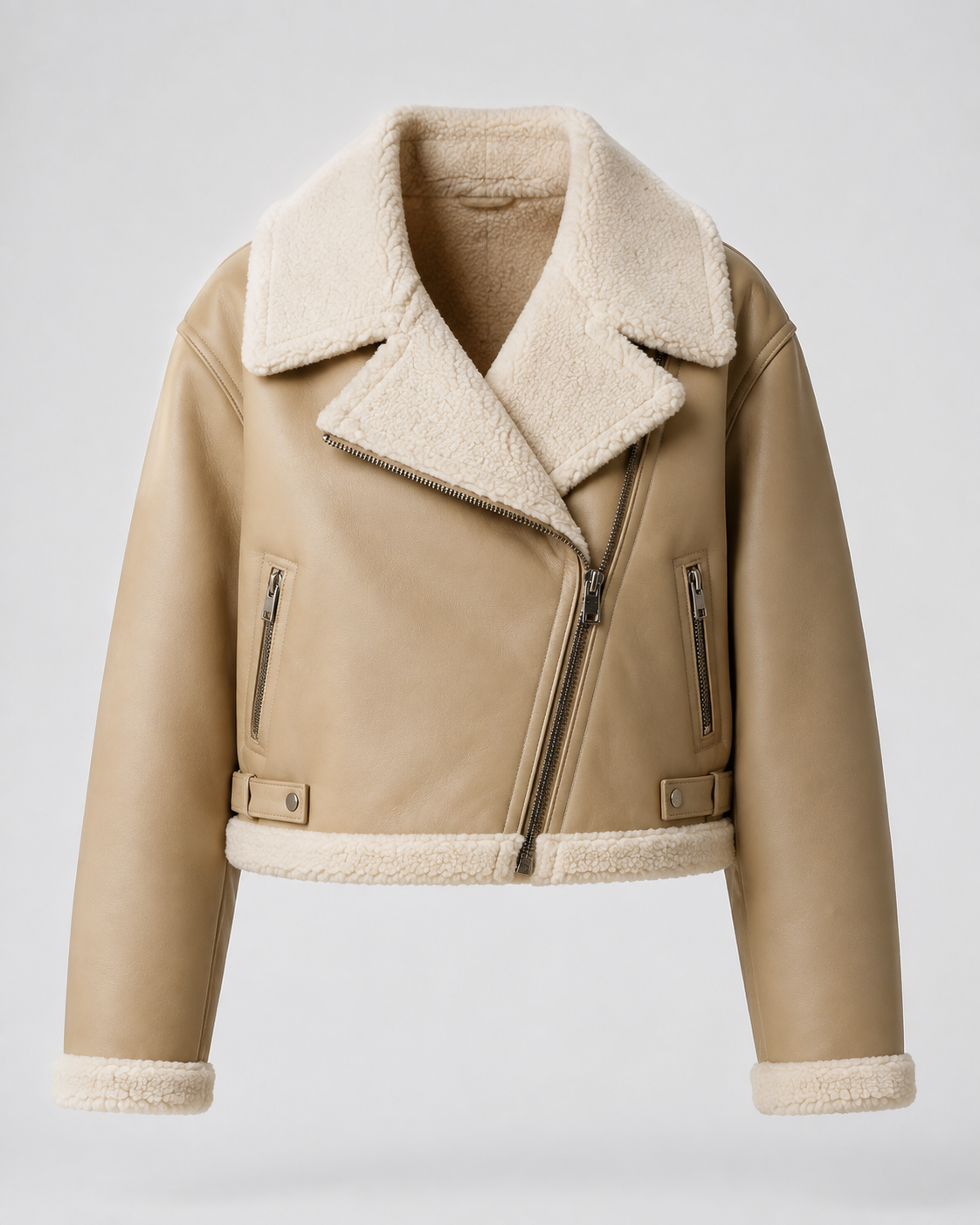 Chaqueta aviadora efecto piel con borreguito beige, prenda frontal — VRS STYLE