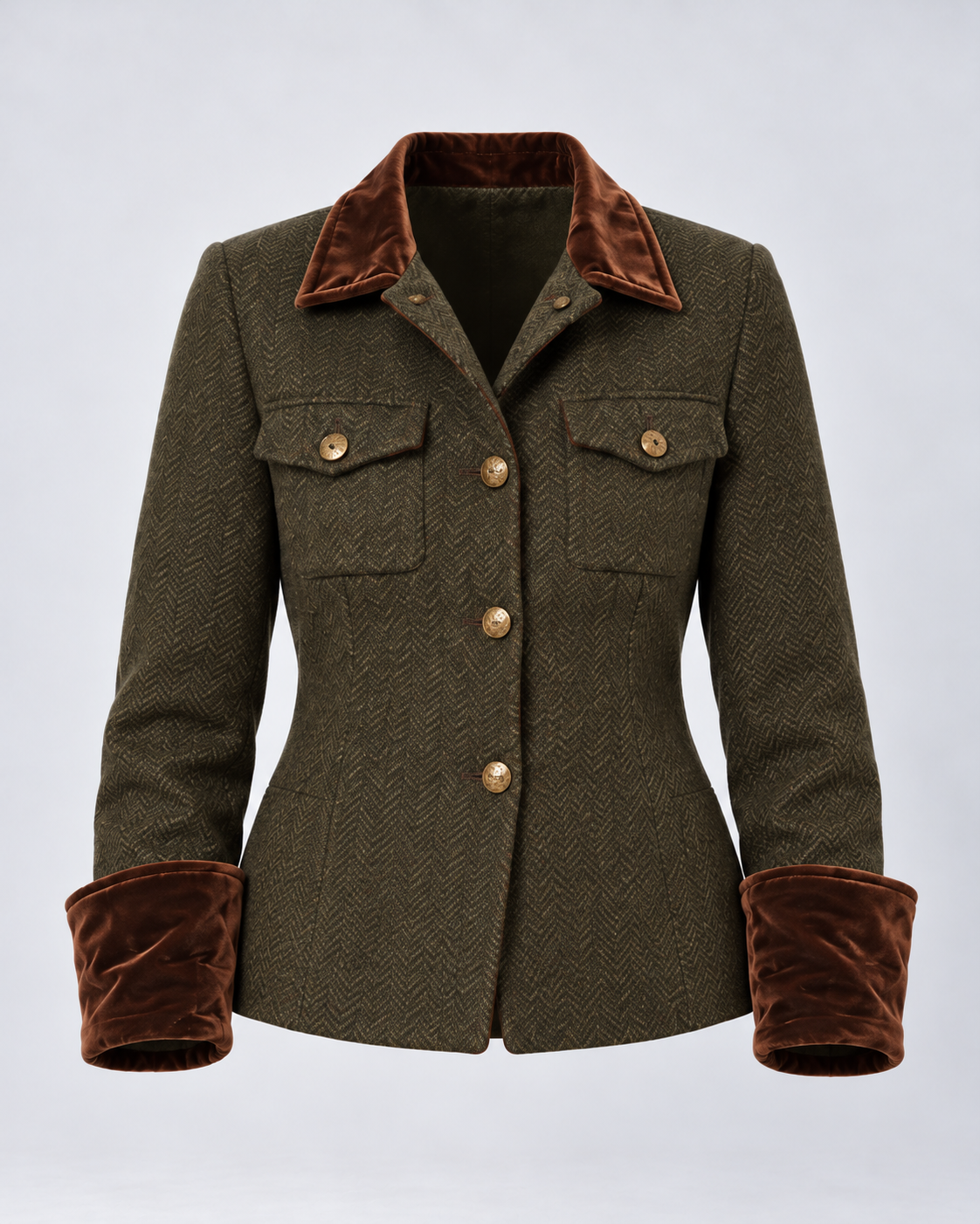 Chaqueta verde oliva de espiga, prenda sola de frente