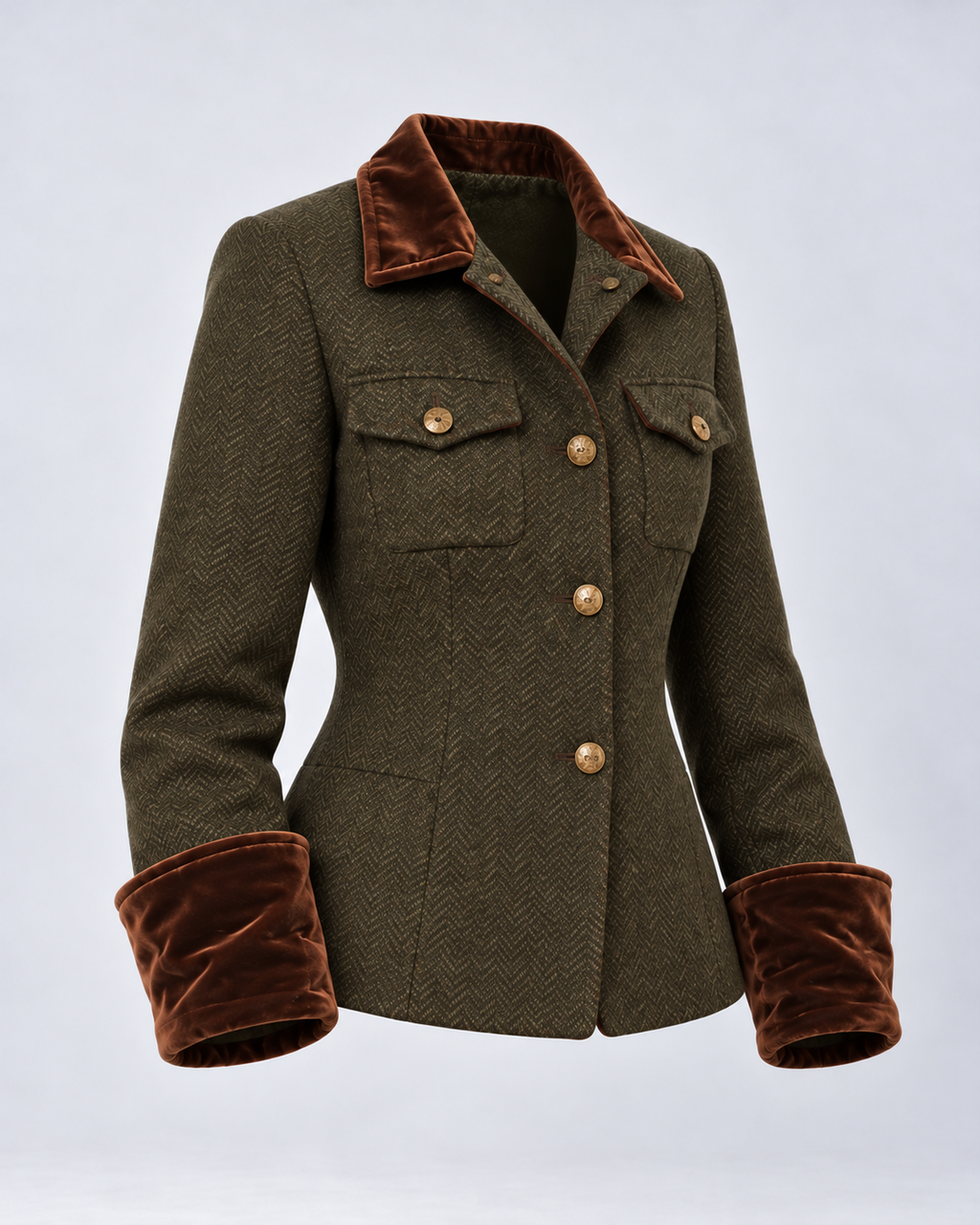 Chaqueta verde oliva de espiga, prenda sola a 45 grados