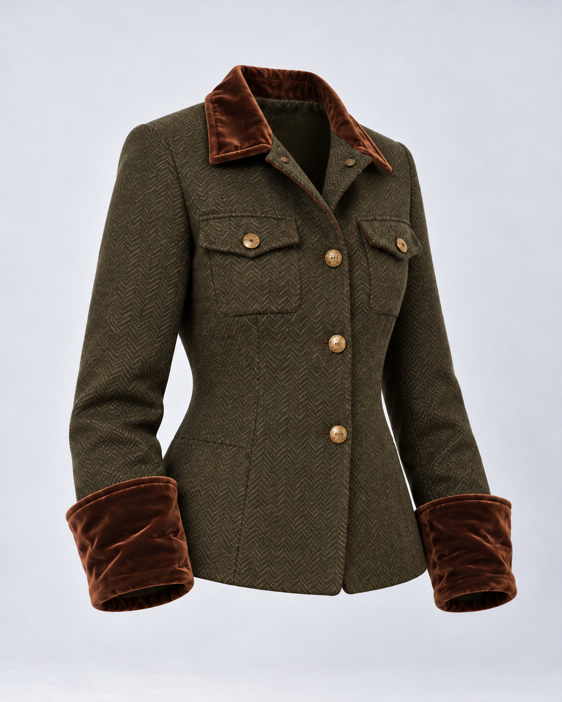 Chaqueta verde oliva de espiga, prenda sola a 45 grados