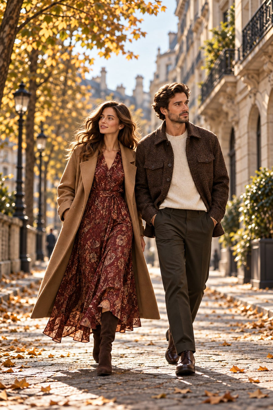 Pareja paseando por una calle europea en otoño: ella con abrigo camel largo, vestido estampado burdeos y botas marrones; él con chaqueta marrón texturizada, jersey crudo y pantalón verde oliva