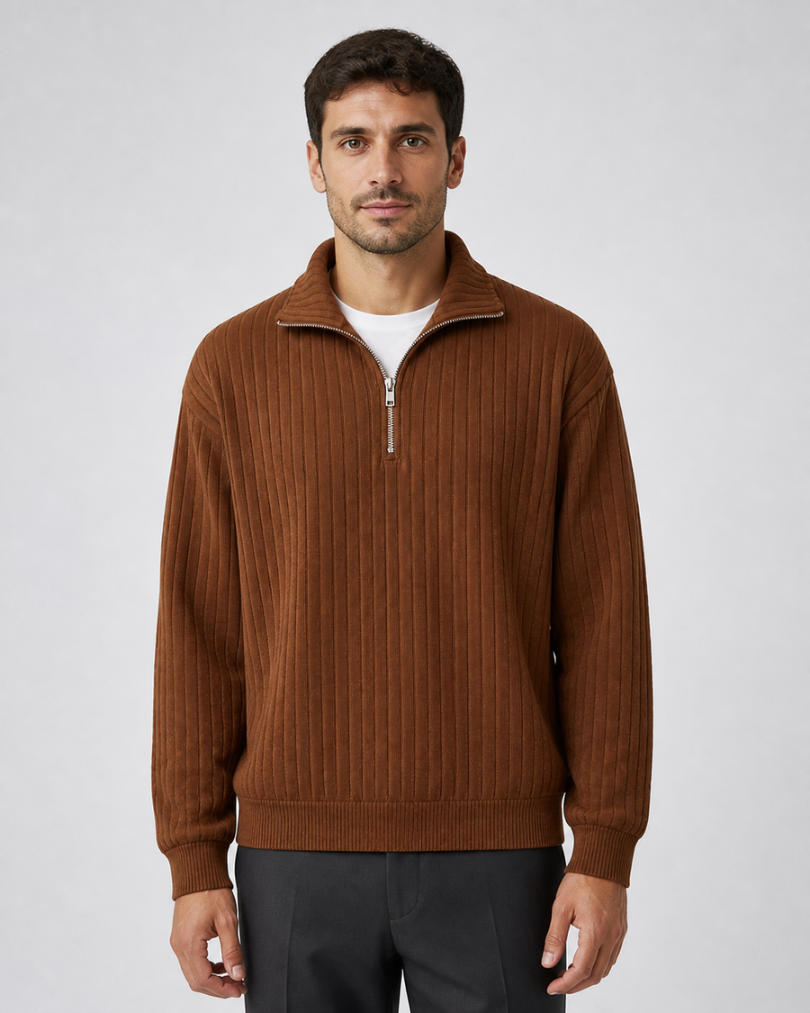 Jersey de Canalé con Media Cremallera · Marrón · modelo frontal