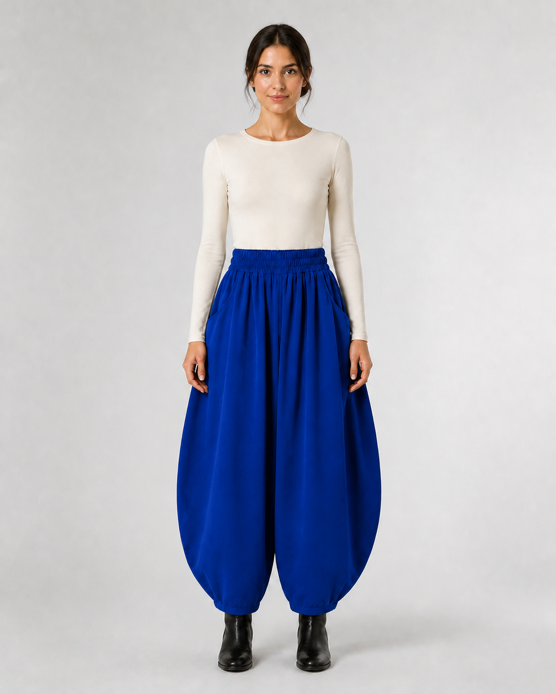Pantalón Harem de Cintura Elástica · azul · modelo frontal
