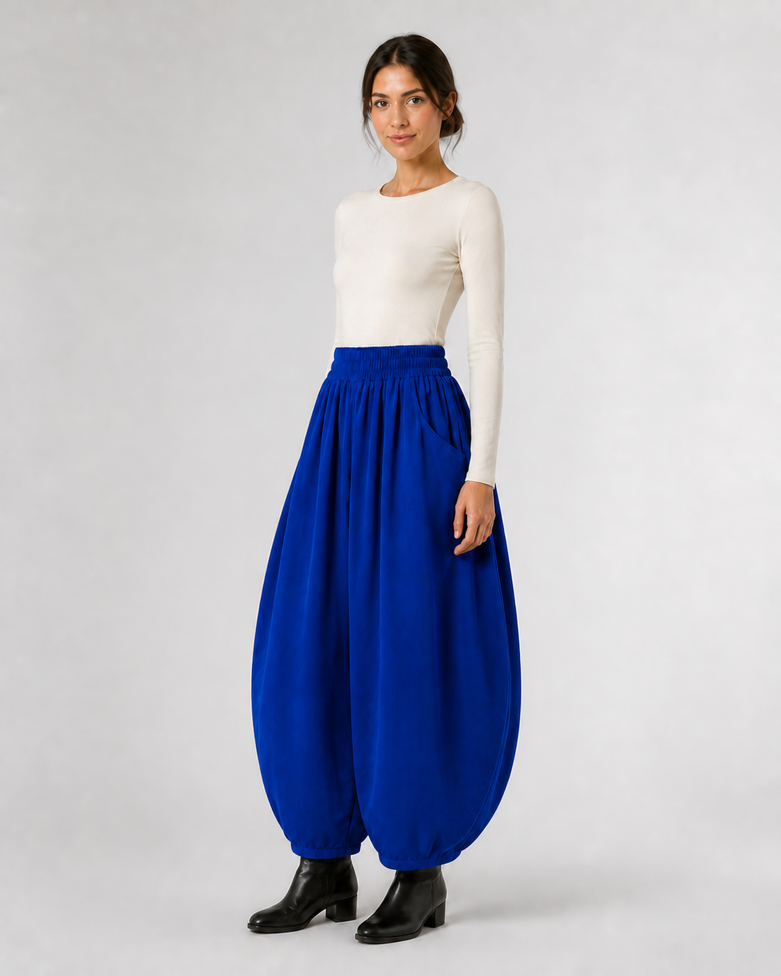 Pantalón Harem de Cintura Elástica · azul · modelo a 45 grados