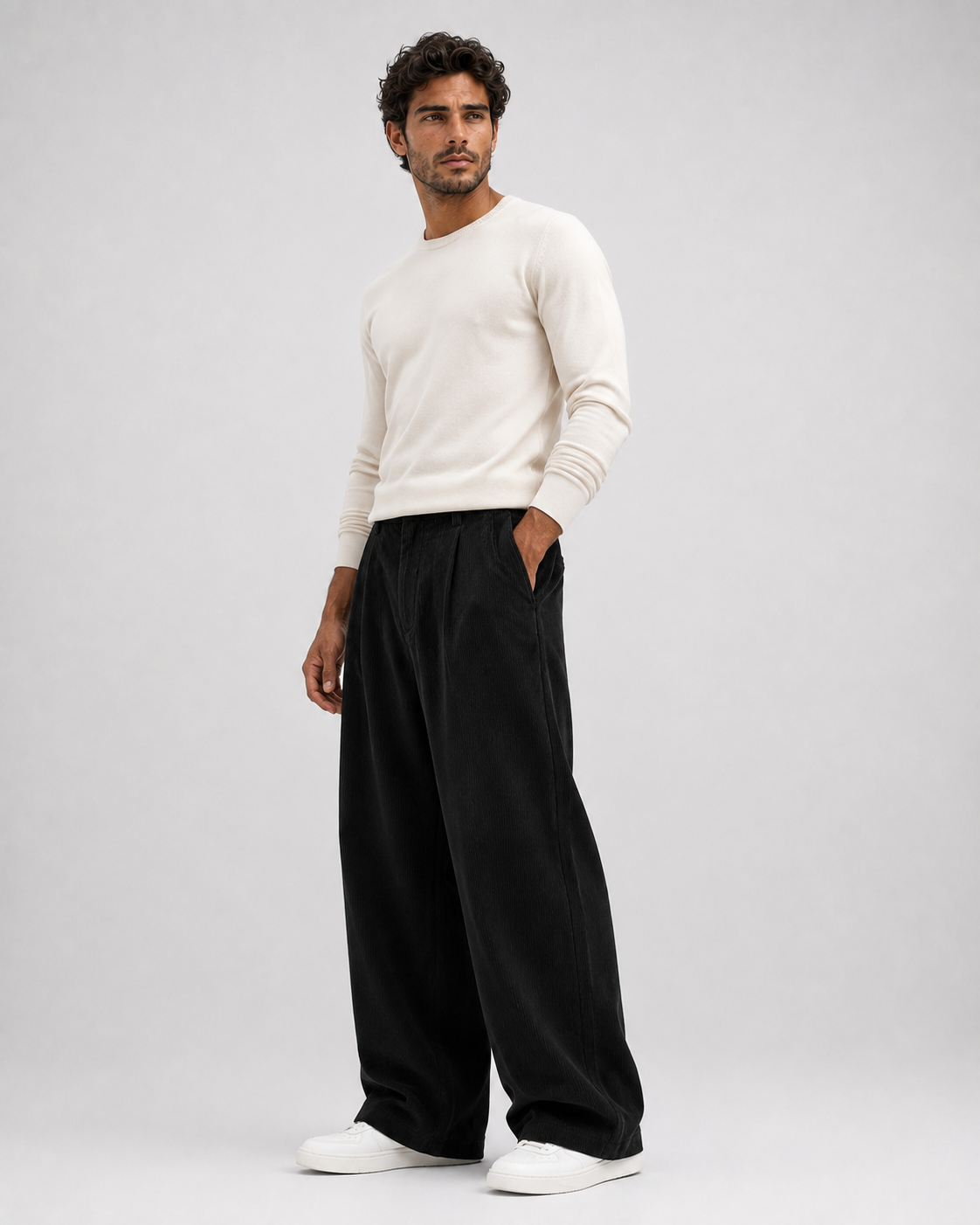 Modelo con pantalón wide leg de pana negro a 45 grados VRS STYLE