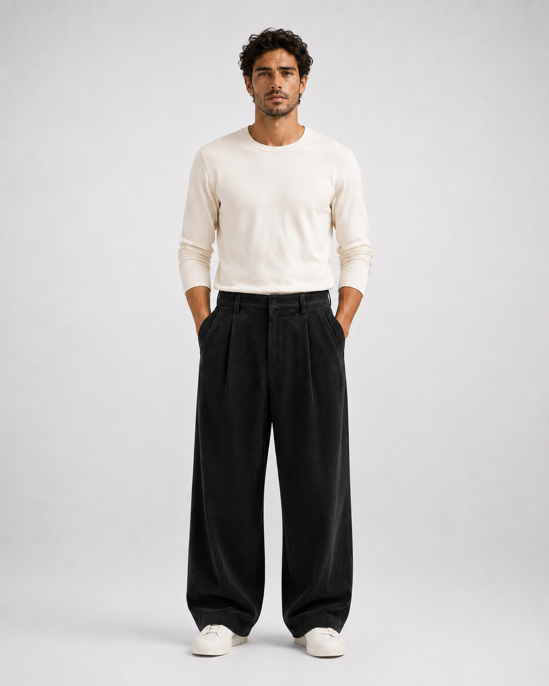 Modelo con pantalón wide leg de pana negro VRS STYLE