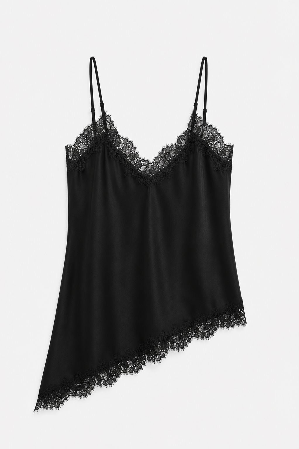 Top asimétrico satinado con encaje negro VRS STYLE, prenda vista por detrás