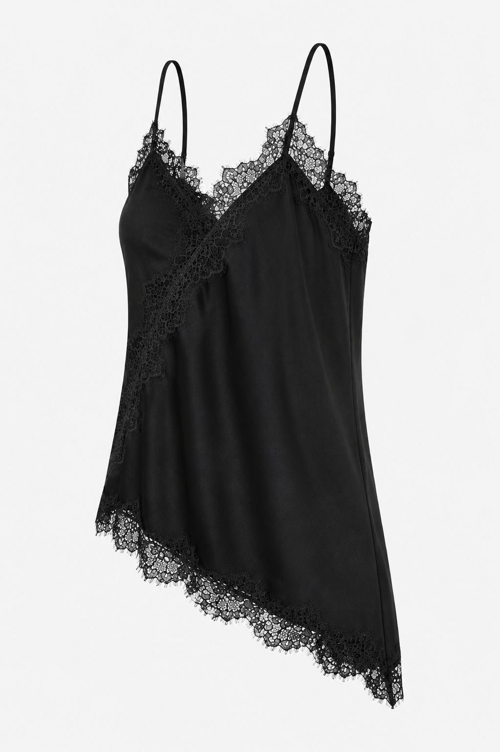 Top asimétrico satinado con encaje negro VRS STYLE, prenda vista de tres cuartos