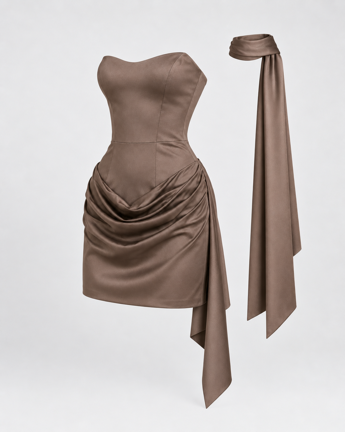 Vestido Mónaco Satin Marrón arena, vista a 45 grados de la prenda sola