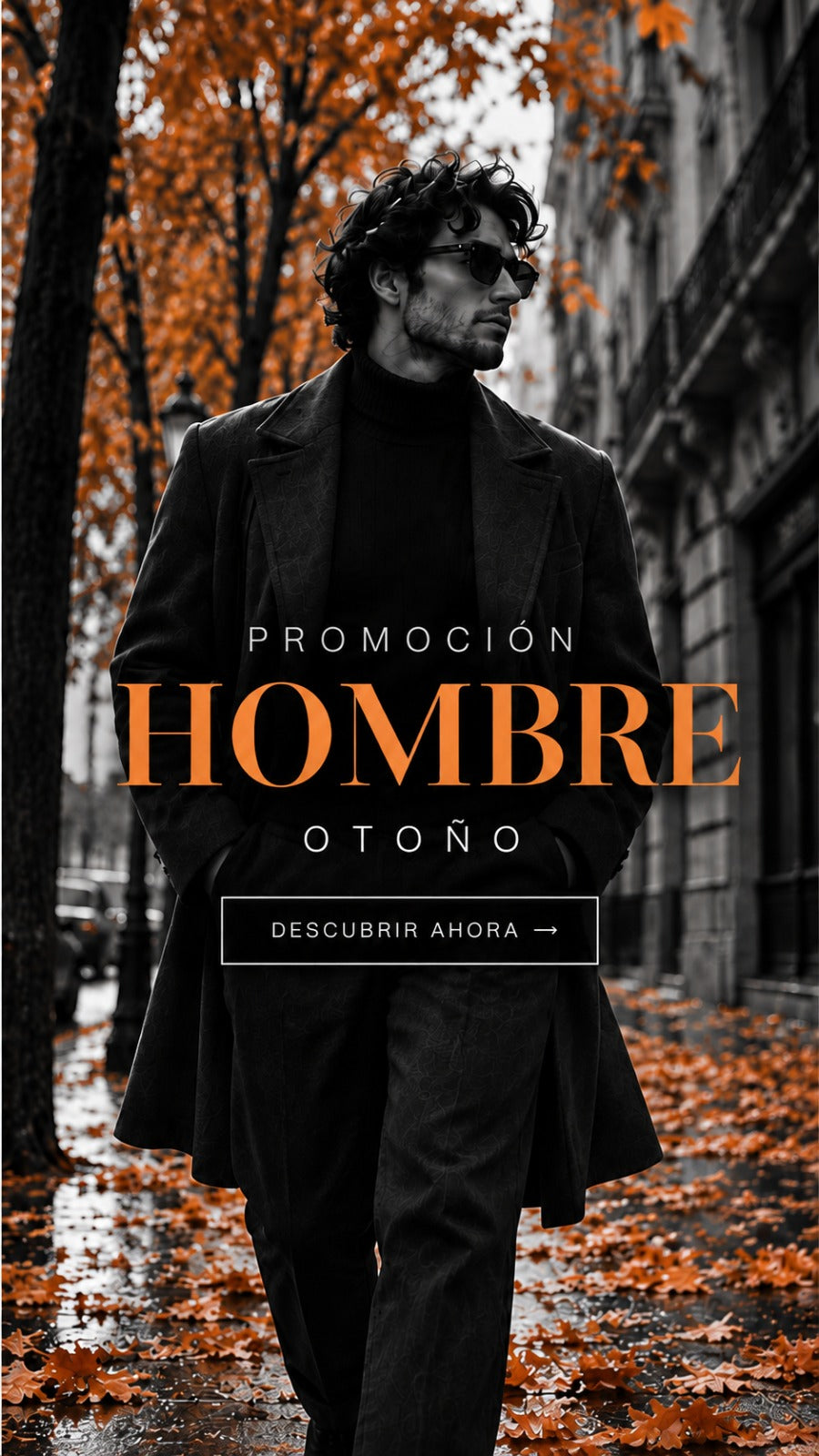 Promoción de otoño para hombre: modelo con abrigo negro y gafas de sol en una calle con hojas naranjas
